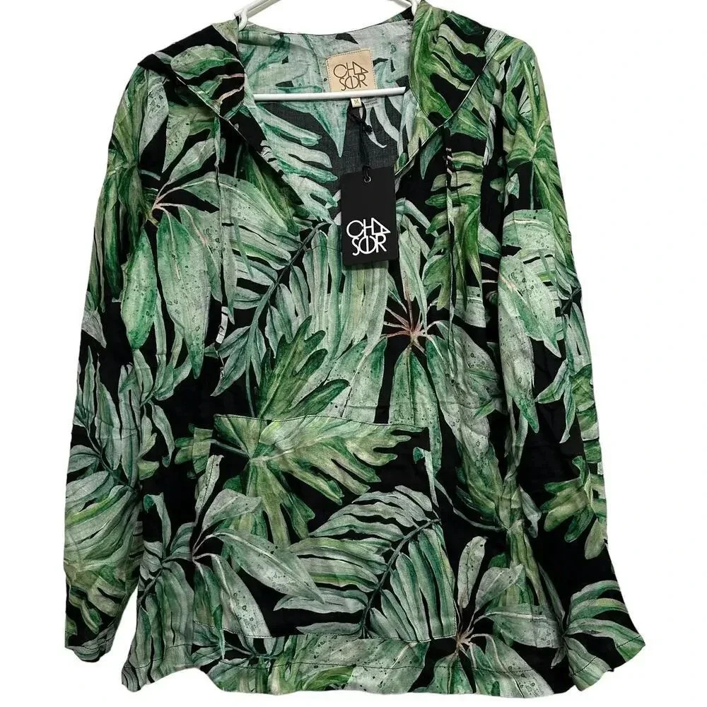 Chaser Black & Green Tropical Leaf Hoodie Blouse